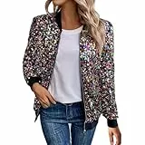Pailletten Jacke Damen mit Reißverschluss Glitzer Bomberjacke Bolero Elegant Jacken Festliche Disco Kostüm Langarm Casual Pailettenjacke Slim Fit Winter Streetwear Top Glitzertop für Rave Party