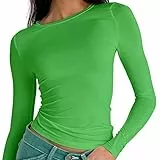 Damen Langarmshirt Basic t Casual Rundhals Tee Shirt Eng Crop Tops Tiktok tees Streetwear(Grün-T1,S)