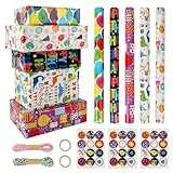 Kindergeburtstagsgeschenkpapier, 5 Rollen, 43 cm x 300 cm Geschenkpapierrollen mit Aufkleber, doppelseitigem Klebeband und Baumwollschnur, recycelbares Geburtstagsgeschenkpapier für Erwachsene