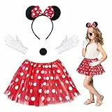 HONMOK Minnie Maus Kostüm Kinder 4 Stück Mädchen Minni Mouse Kostüm Set mit Maus Ohren Haarreifen Gepunkteter Tutu Weiße Handschuhe Nase Faschingskostüme für Karneval Fasching Mottoparty