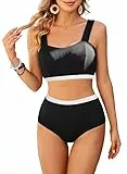 JASAMBAC Bikini Damen Set, Badeanzug Damen Bauchweg, Bikini Push Up -Oberteil Und High Waist Bikini-Unterteile Badebekleidung Weiche Bademode Elastische Schwimmanzug Gerippt Bescheiden Bademode