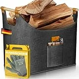 KESSER® Brennholzkorb 90 Liter | Kaminholztasche extra dicker Filz | Feuerholzkorb faltbar mit verstärkten Holzgriffen | Aufbewahrungskorb für Holz, Zeitung oder Brennholz | Inkl. Arbeitshandschuhen