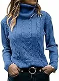 GeGekoko Pullover Damen Rollkragenshirt Cable Knit Elegant Langarm Tops Lose Grobstrick Casual Weich Jumper Sweater,Blau,S