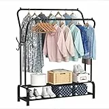 ACCSTORE Kleiderständer Trockengestell Freistehender Kleiderbügel Doppelschienen Schlafzimmer Kleiderständer Mit 2-stufigem unteren Lagerregal,Schwarz