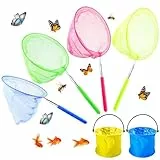 Realure 4 Stück Kescher Kinder, 36-83.5cm Teleskop Schmetterlingsnetz mit 2 Faltbarer Eimer, Fischernetz Kinder, Fangnetz, Teichnetz, Insekten Netz, für Kleiner Pool, Strand, Outdoor Aktivitäten