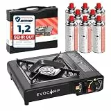 Gaskocher 1-flammig mit Piezozündung, Campingkocher für Gaskartuschen MSF-1a 227 g, Camping Herd mit Tragekoffer - Ideal für Outdoor mit 8 Gaskartuschen