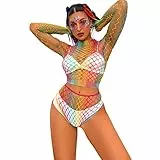 IBTOM CASTLE Damen Regenbogen Durchsichtig Fischnetz Kleid Bunte Mesh-Dessous Sommer Sexy Regenbogen Netzoberteil Bikini Cover Up Rave Festival Outfit Oberteil + Kurze Hose Einheitsgröße