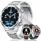 MEGALITH Smartwatch Herren Fitness Armbanduhr: Telefonfunktion Rund Fitnessuhr mit 3 Armband - Blutdruckmessung Pulsuhr Smart Watch Silber Wasserdicht