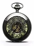 BOSHIYA Herren Taschenuhr Mechanische Leuchtende Vintage Steampunk Skelett Halbjäger Handaufzug Mechanische Taschenuhr mit Kette für Herren Schwarz