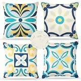 Dremisland 4er Set Outdoor wasserdichte Kissenbezüge 45x45 cm Boho Abstrakte Sofakissen Dekokissen Blau Floral Druck Kissenhülle Zierkissenbezug für Couch Bett Auto Garden Balkon