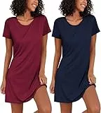 Ekouaer Nachthemd Damen Sommer Big Shirt Nachthemd Baumwolle Schlafshirt Kurzarm Nachtwäsche Leicht 2er Pack, Navy+Weinrot, L