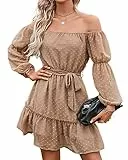 BebreezChic Kleid Damen Elegant Langarm Off Shoulder Einfarbig Swiss Dot Luftig Sommerkleid Minikleider Partykleid Strandkleid mit Gürtel, Khaki L