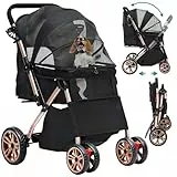 YITAHOME Faltbarer Hundebuggy für kleine Hunde, Haustierbuggy mit umkehrbarem Griff, Netzfenstern, Getränkehalter, 360° drehbare EVA-Räder mit Bremsen (Schwarz)