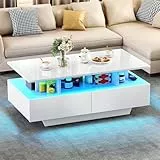 YITAHOME Couchtisch Weiß, Wohnzimmertisch Hochglanz mit 16-Farbiger LED Beleuchtung Modern, Beistelltisch Weiss mit Offenem Ausstellungsregal und 4 Ausziehbaren Schubladen 90x55x41,1 cm