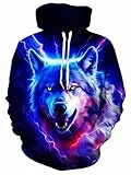 Loveternal Herren Hoodie Fleece Hoody Unisex Pullover 3D Wolf Druck Sweatshirt Langarm Sweatjacke Herbst Pulli Coole Streetwear Kapuzenpullover Paar Kapuzenjacke mit Kapuze Vintage Kapuzen L