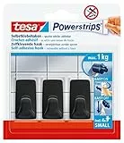 tesa Powerstrips Klebehaken Small Eckig - 3 x selbstklebende Wandhaken - für Kacheln, Glas, Kunststoff und weitere Untergründe - 1 kg Halteleistung - Schwarz