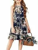 Arshiner Mädchen Kleid Neckholder Blumen Sommerkleid Rüschensaum Midikleid A-Linie Kinderkleid Strandkleid Partykleider Kinder Festliche Kleider Freizeitkleid mit Gürtel 150/11-12 Jahre