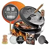 GUSSKÖNIG Dutch Oven Set–Eingebrannter Dutch Oven 9L[6-10 Person]-Feuertopf Gusseisen mit Füße–Schmortopf Doppelfunktion–2in1 Deckelheber, Schrubber, Pflegepaste, Bürste & Rezeptbuch-30 Jahre Garantie