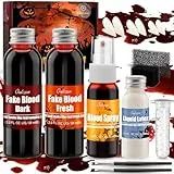 Oukzon Kunstblut Halloween, Halloween Schminke Erwachsene Kinder - 58ml + 58ml Fake Blood, 28ml Blut Spray, Latexmilch, Vampirzähne, Realistisch Wunden Narben Make Up Kit für Zombie Vampir