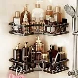 [2 Stück] Duschablage Ohne Bohren Ecke, Langlebige Edelstahl Rostfreies Badezimmer Organizer Regal großer Kapazität schnell Trocknende Badregal Halterung mit 4 Haken für Shampoo Duschel Küche, Schwarz