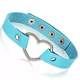 Flongo Choker Leder Halsband Lederhalsband Damen, Leder Halskette Halsband Anhänger Choker Tattoo Kette Blau Silber Herz Einstellbar Verstellbar Gothic Punk Rock Damen