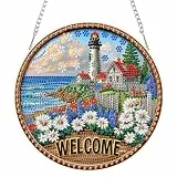 AIRDEA Küsten Willkommensschild Diamond Painting Fensterbilder, 5D Brillante Strand Leuchtturm Diamond Painting Fensterbilder Beidseitig, Bausätze für Diamantmalerei Suncatcher Erwachsene