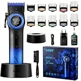 VGR 001 Professionelle Haarschneidemaschine für Männer, Schnurlose Friseurschermaschine zum Haarschneiden, Karbonstahlklinge Haarschneider für Barbiere, 9000 U/min, LED-Anzeige, Blau
