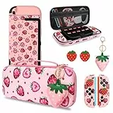 DLseego Tragetasche für Switch 2,Rosa Tragbar Reise Spiel Tasche,Thema Erdbeere Zubehör mit NS 2 Dockbare Schutzhülle,2PCS Daumen Griff Kappen und 1PC Charme,Rote Erdbeere