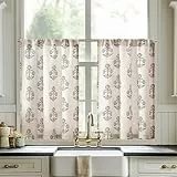 TOPICK Floral Küchengardinen Schiebevorhänge Lichtdurchlässig Kurze Fenster Vorhänge modern Bauernhaus Leinenoptik Kleine Fenster Bistrogardine für Wohnzimmer Küche 65B x 60H(cm) 2 Platten Schwarz