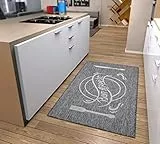 Hanse Home Bon Appetit Teppich Läufer – Küchenteppich Küchenläufer mit Schriftzug, rutschfest Pflegeleicht Robust, ÖKO-TEX Teppichläufer für Küche, Flur, Esszimmer – Grau Creme, 92x150cm