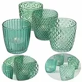 LS-LebenStil 4X Glas Teelichthalter Retro Petrol Türkis 7cm 4´er Set Kristall Ornament Teelicht-Gläser Windlicht-Halter Kerzenständer Tischdeko Kerzen Deko Kerzenhalter für Teelichter Hochzeit