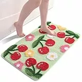 QJHOMO Grün Badezimmerteppich Kirsche Badematte rutschfest Waschbar Badteppich Bunt Badvorleger Weiche Mikrofaser Duschvorleger Absorbierende Badezimmer Teppich 45 x 65 cm
