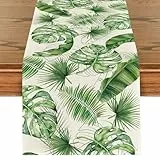 Grüne Blätter Frühling Tischläufer Tropische Palmenblätter Sommer Tischlaufer Sommer Küche Waschbar Esstisch Dekoration Tischdecke für Drinnen und Draußen Urlaub Party Wohnzimmer Dekor 40 x 140 cm