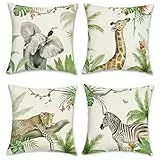 Bonhause 4er Set Kissenbezüge Tropische Tiere 45 x 45 cm Elefant Giraffe Leopard Zebra Dekorative Kissenhülle Zierkissenbezüge für Sofa Zuhause Garten Outdoor Dekoration