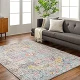 Livabliss Asmara Vintage Teppich 120x170 cm – Boho Kurzflor für Wohnzimmer & Esszimmer – buntes Muster in Grau & Orange