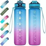 EYQ 1L Trinkflasche, Sportwasserflasche mit Stroh, Tritan BPA Free Water Flasche mit Zeitmarker für die Schule im Outdoor -Sport im School Fitnessstudio–Blauviolett