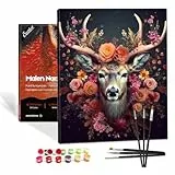 Bougimal Malen Nach Zahlen Erwachsene Tiere Mit Rahmen Rahmen inklusive Pinsel und Acrylfarben - 40 x 50 cm, Blume und Hirsch 1