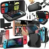 Switch Accesoires, Orzly Zubehör für Nintendo Switch (Panzerglas Schutzfolien, USB Ladekabel, Konsole Tragetasche, Spiele Patronenhülse, Comfort Grip Case, Kopfhörer)-SCHWARZ
