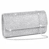 OSDUE Kettentasche, Clutch Damen, Glitzer Abendtasche, Elegante Envelope Tasche Kettentasche Schultertaschen für Hochzeit Party Freizeit Date(Silber)
