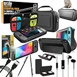 Switch Accesoires, Orzly Zubehör für Nintendo Switch (Panzerglas Schutzfolien, USB Ladekabel, Konsole Tragetasche, Spiele Patronenhülse, Comfort Grip Case, Kopfhörer)-SCHWARZ