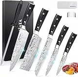 MOSFiATA Küchenmesser Set 5pcs, Kochmesser aus Hochwertigem Carbon Edelstahl, 7 'Nakiri -Messer, 5' Utility Messer, Brotmesser, mit Fingerschutz Messerschärfer und Geschenkbox