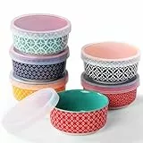 DOWAN Dipschalen aus Porzellan, 176 ml Dessertschalen Set 6er Silikondeckeln - Stapelbare Schüssel für Sauce, Snack, Creme Brulee Schälchen Mehrfarbig, Spülmaschinen- & Mikrowellenfest