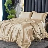 DXHOME Bettwäsche Satin 155x220cm Beige Golden Glänzend Seiden Einfarbig Bettwäsche Bettbezug Set Glatt Luxus Glanzsatin Microfaser Bettwäscheset Einzelbett mit Reissverschluss