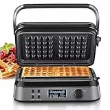Waffeleisen 1600W, Doppelwaffeleisen für Belgische Waffeln, 5 Programme, 7 Bräunungsstufen, Steuerung über LCD Display, Timer, Praktische Überlaufrille, Edelstahl (Black)