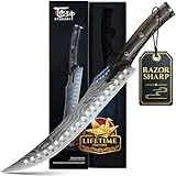 SYOKAMI 27 cm Fleischermesser im japanischen Stil, gebogene Tranchiermesser mit durchgehendem Holzgriff, Damastmuster, rasiermesserscharf, inkl. Geschenkbox – ideales Geburtstagsgeschenk für Männer