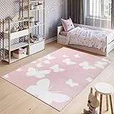 TAPISO Pinky Teppich Kurzflor Kinderteppich Kinderzimmer Pink Rosa Weiß Pastellfarben Modern Schmetterling Spielteppich ÖKOTEX 160 x 220 cm