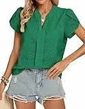Kate Kasin Damen Stickerei Spitze Bluse Kurz Petal Ärmel V-Ausschnitt Pullover Top Casual Floral Hollow Out Shirt Grün XL