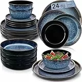 SÄNGER Osaka | Tafelservice 24 teilig, Steingut Geschirr Set 6 Personen, 6x Teller Set 6x Frühstücksteller 6x Tiefe Teller 6x Pastaschalen blau mit schwarzem Rand | VALUE COLLECTION