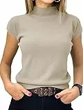 Saodimallsu Damen Pullover Kurzarm Sommer Strickpullover mit Stehkragen Einfarbig Slim Fit T-Shirt Oberteile Leicht Basic Strickshirts Khaki L