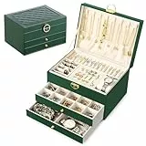 Ninonly Schmuckkästchen Ohrringe mit 3 Ebenen Schmuckkästchen für Damen Mädchen PU-Leder Schmuckaufbewahrung Ohrringe für Ringe Armbänder Halskette Mit Schloss und Schlüssel Grün